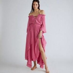 Free People Beach Bliss Maxi Dress Pink Off Shoulder Boho Ruffle OB1033622 M